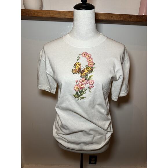 Vintage 90s Y2K Glitter Butterfly Flowers Nature Jerzees Shirt Size Small Pink - Picture 1 of 6